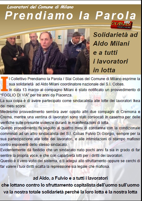 Solidarietà ad Aldo Milani
